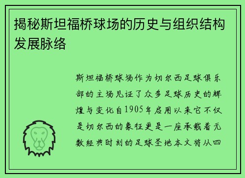 揭秘斯坦福桥球场的历史与组织结构发展脉络